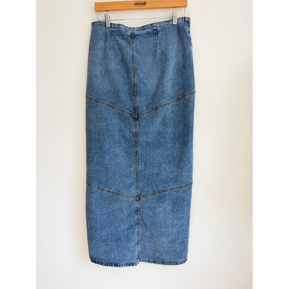 Blue Denim Maxi Skirt High Rise Panel Seams Front Slit Western Y2K Size 8R
